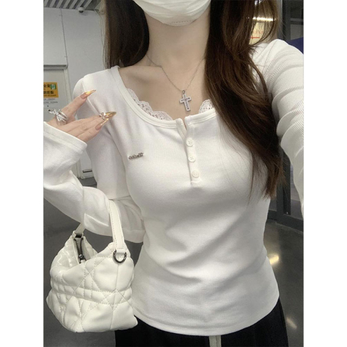 Original good fabric Korean style pure desire lace splicing long-sleeved right shoulder T-shirt autumn slim fit inner top