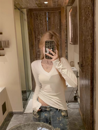 Modal 92 rayon 8 spandex 260g solid color V-neck long-sleeved T-shirt women's slim sun protection shirt versatile top