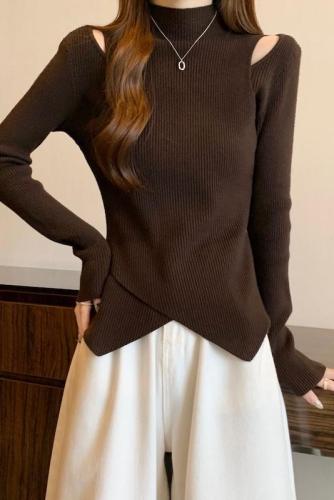 Large size half turtleneck off-shoulder irregular bottoming sweater for women in autumn and winter plus size fat mm temperament age-reducing top