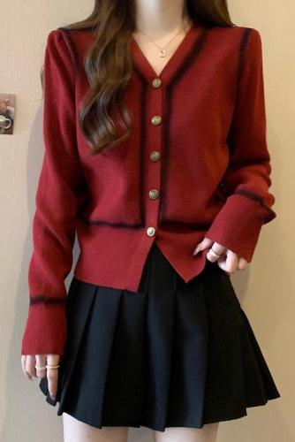 Large size small fragrant style sweater knitted cardigan for women New Year Christmas red autumn and winter high-end top jacket