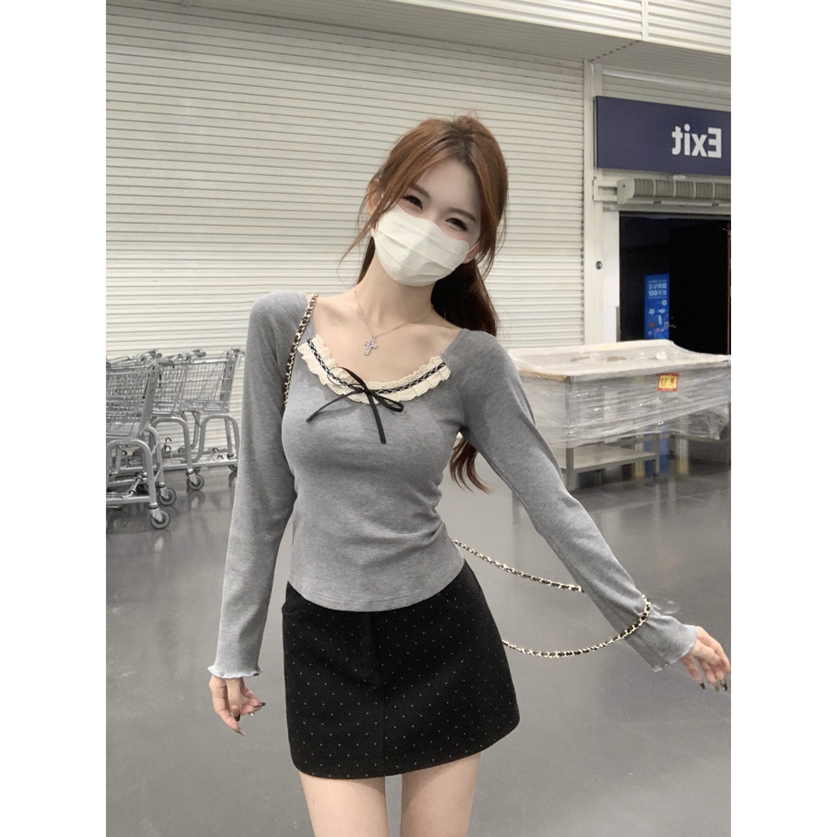 Actual shot of autumn and winter Korean version of pure desire sweet raglan lace-up design long-sleeved inner T-shirt top for women