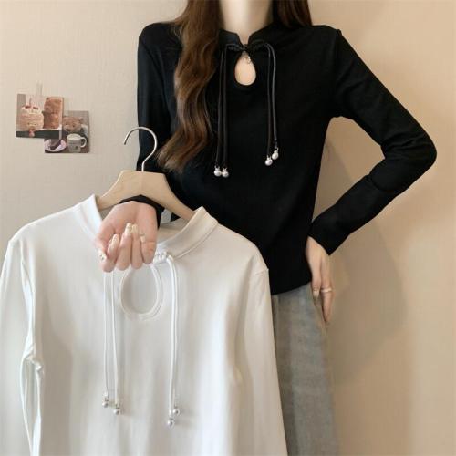 Large size 2024 new Chinese style design stand collar long-sleeved T-shirt solid color tops for women