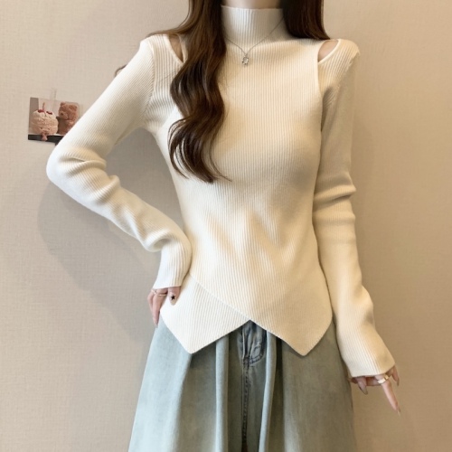 Large size half turtleneck off-shoulder irregular bottoming sweater for women in autumn and winter plus size fat mm temperament age-reducing top
