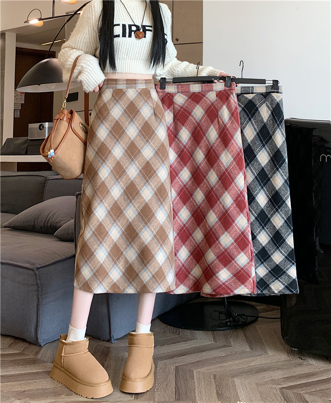 Plus size fat MM winter Korean style thickened woolen high-waisted long skirt chi plaid mid-length skirt for women
