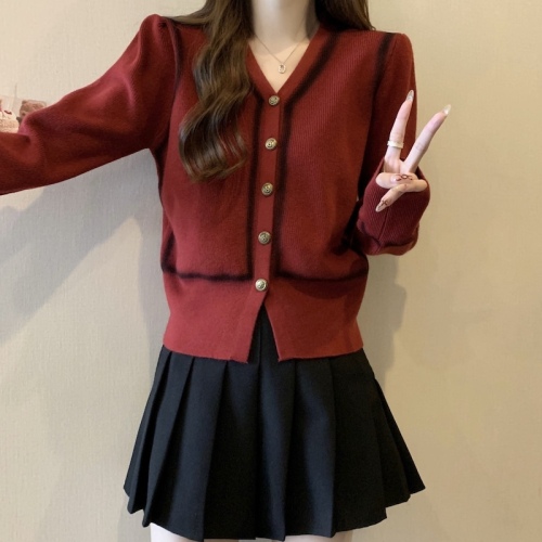 Large size small fragrant style sweater knitted cardigan for women New Year Christmas red autumn and winter high-end top jacket