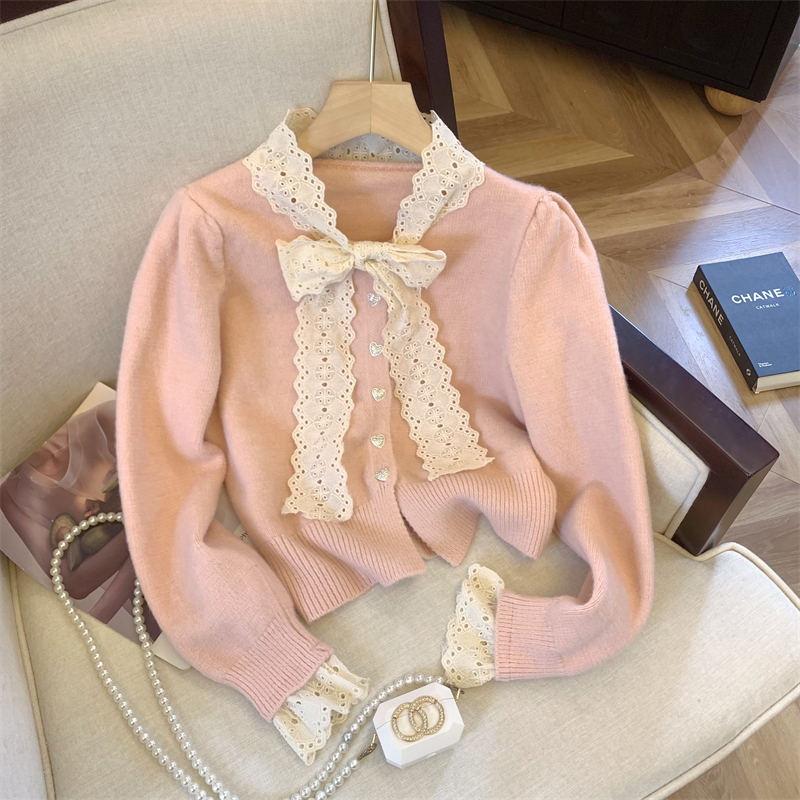 French lace bow knitted sweater top autumn and winter new style inner base sweater for women
