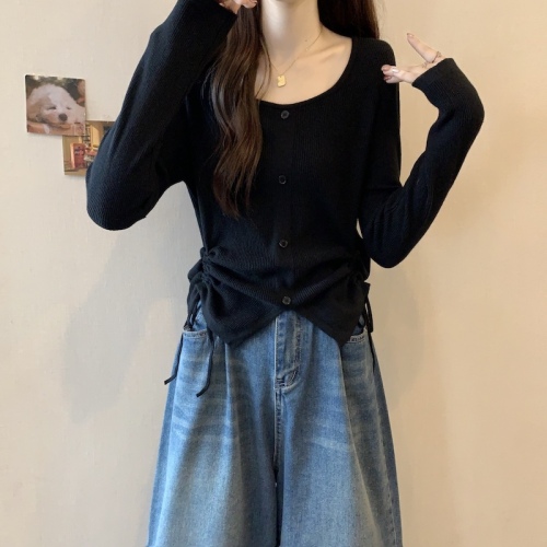 Large size belly-covering drawstring irregular long-sleeved bottoming women's spring and autumn fat mm slimming flesh-covering V-neck sweater