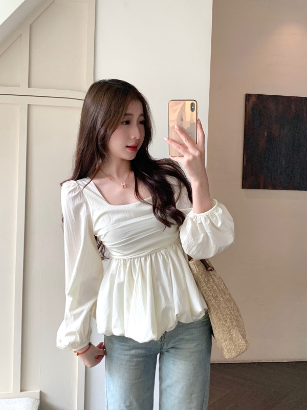 Plus size autumn new Korean design square collar slim fit belly-covering slimming high-end shirt top