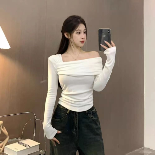 Early autumn new Korean design niche off-shoulder slim slim pure lust style long-sleeved T-shirt tops women's bottoming shirt