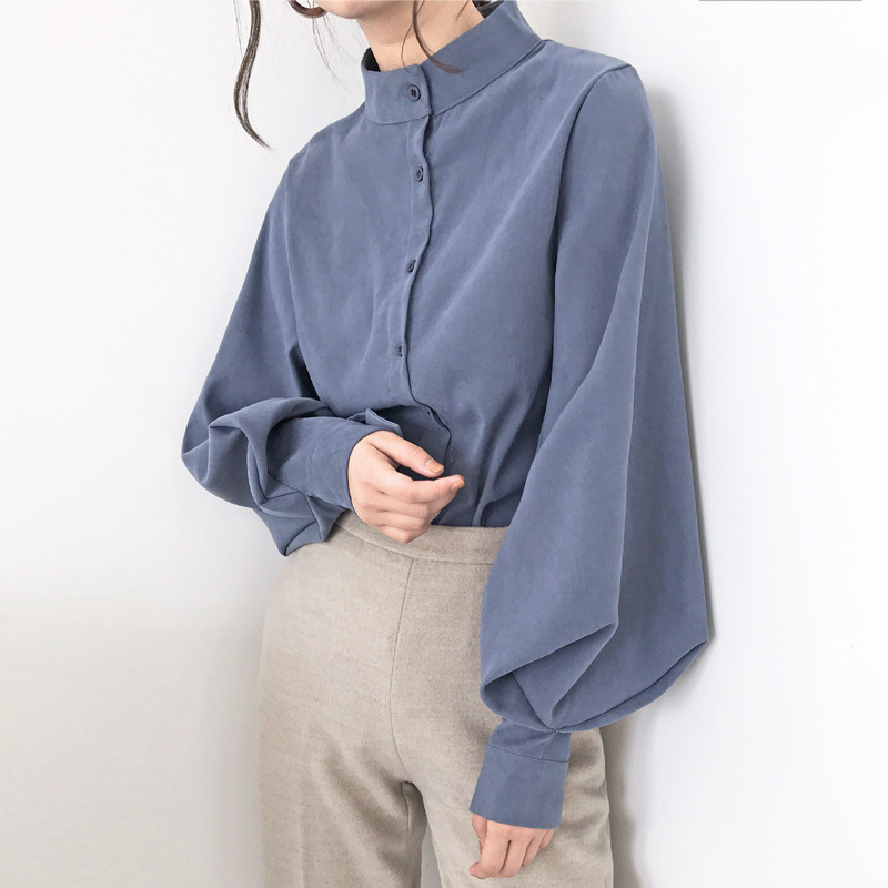 Lolita stand-up collar shirt with large lantern sleeves and discreet design stand-up collar solid color shirt
