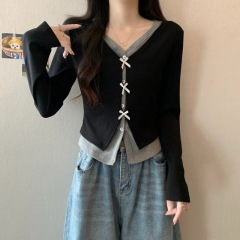 Early autumn new design butterfly knitted sweater for women, fake two-piece bottoming shirt, long-sleeved top