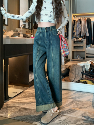 Large size clothing, cuffed design, spliced ​​nine-point jeans, lazy style, casual retro straight wide-leg pants