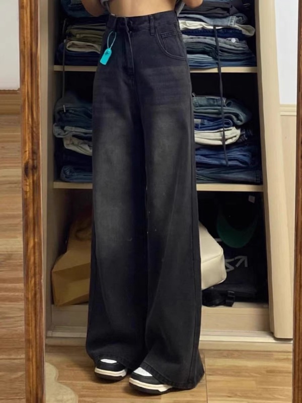 American retro distressed wide-leg jeans for women in autumn high-waisted loose floor-length pants black and gray straight-leg long pants
