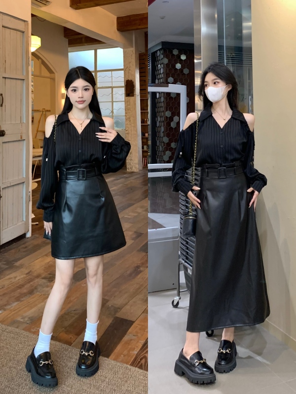 Walking fashionable V-neck off-shoulder vertical striped textured shirt + high-waisted leather skirt