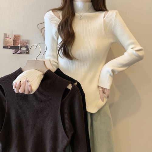 Large size half turtleneck off-shoulder irregular bottoming sweater for women in autumn and winter plus size fat mm temperament age-reducing top