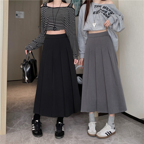 Autumn and winter pleated skirt for fat girls, age-reducing A-line skirt, chic design skirt, summer mid-length skirt, solid color