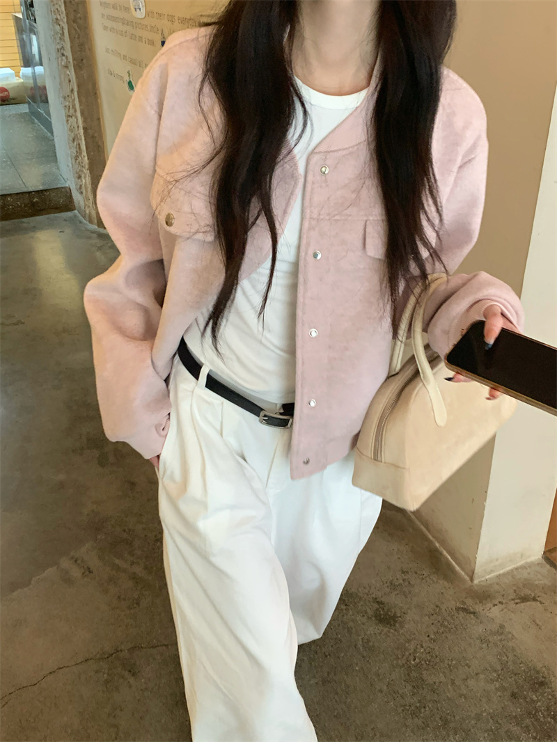 實拍 粉色棒球服秋季韓系通勤百搭款短款毛呢外套休閒褲套裝