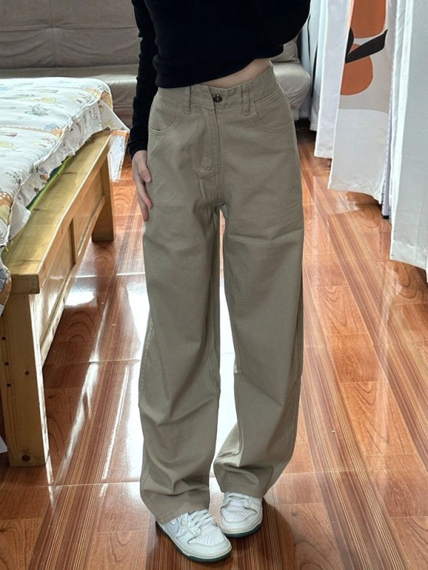 Ready stock ~ khaki loose straight jeans women's new high-waisted slimming wide-leg pants