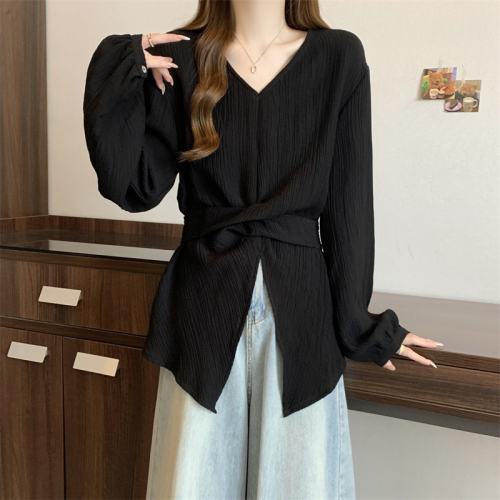 2024 new autumn large size fat MM loose and careful machine long-sleeved strappy top