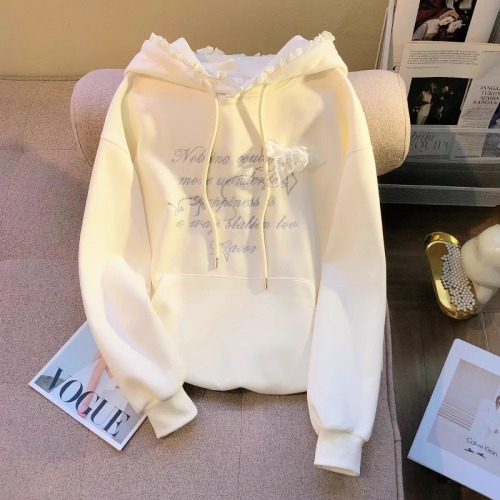 Original workmanship Korean style bow patchwork hooded sweatshirt autumn 2024 new loose slimming white top