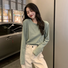 Solid color inner white bottoming shirt long-sleeved T-shirt women's new autumn loose round neck green top ins