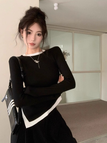 Fake two piece right shoulder long sleeve American slim fit T-shirt with irregular shape