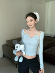 Actual shot of pure desire temperament, slim fit, halterneck strappy T-shirt top + versatile wide-leg straight trousers