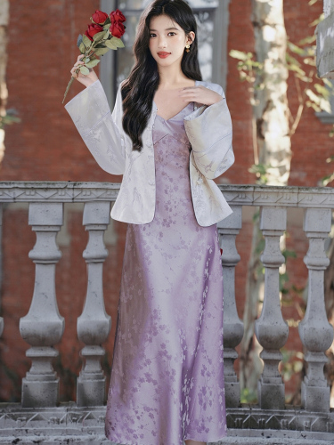 A unique and exquisite small set with a modern Chinese national style, high-end temperament Tang suit-style coat, and matching tank top dress for women.