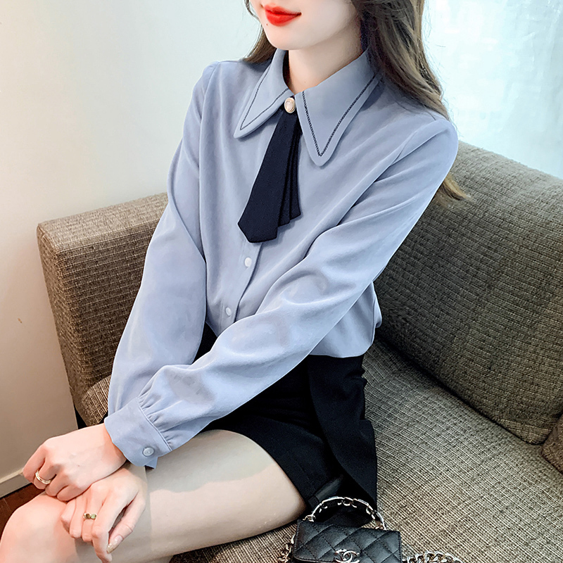 2024 Autumn and Winter New College Style Contrast Color Ribbon Passionate Thickened Brushed Long-Sleeved Shirt