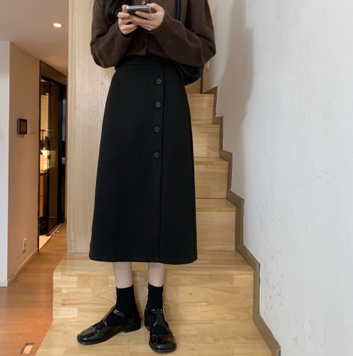 Autumn and winter Korean style high-waisted slim-breasted breasted slit A-line skirt for fat girls woolen crotch-covering butt-covering long skirt