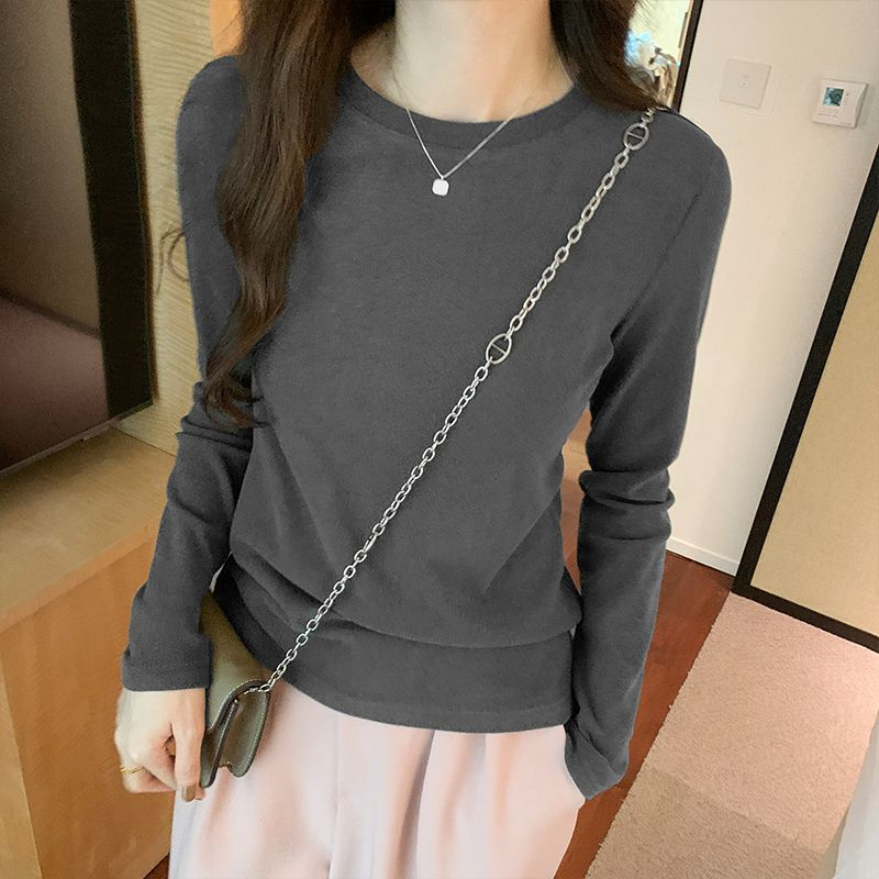 Ready stock ~ Threaded velvet round neck bottoming shirt T-shirt for women autumn and winter solid color long-sleeved slim inner top for women large size