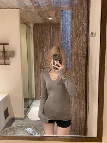 Modal 92 rayon 8 spandex 260g solid color V-neck long-sleeved T-shirt women's slim sun protection shirt versatile top