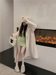 Actual shot of the new autumn and winter warm furry mid-length coat, loose and slim coat and cotton-padded jacket
