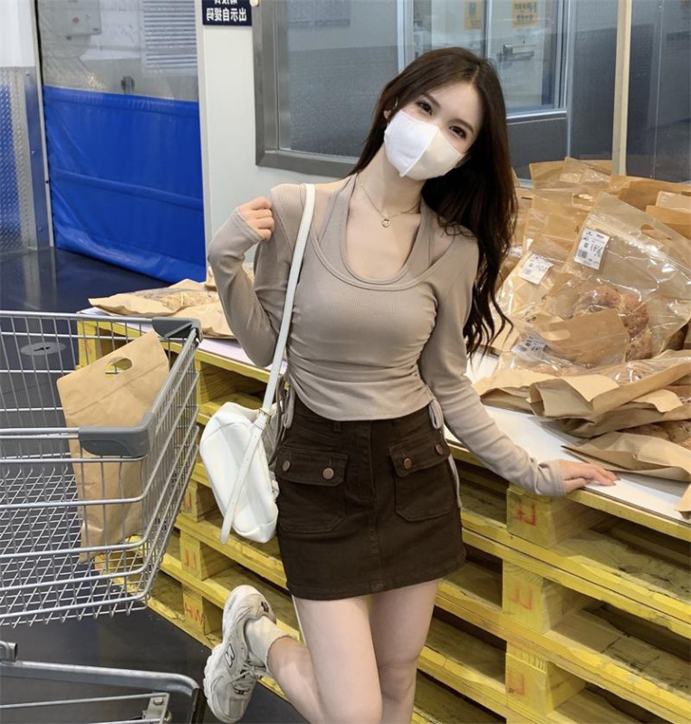 Hot girl style drawstring long-sleeved short T-shirt two-piece set autumn new BM design slim black top for women