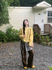 實拍 咖色加厚直筒褲+鵝黃色廓形毛衣顯白垂感寬鬆針織衫