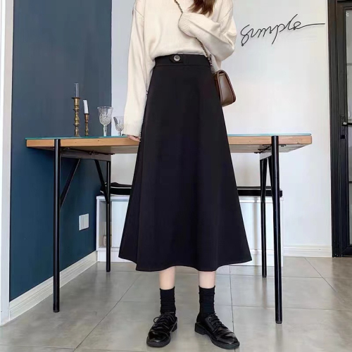 Drapey high-waisted skirt for women in autumn and winter new style black retro a-line skirt small mid-length large swing umbrella skirt