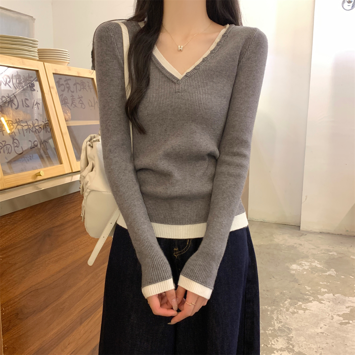 Actual Shoot Autumn Winter Korean Style V-Neck Color Block Button Mock Two-Piece Andy Wool Knit Top Bottom Sweater