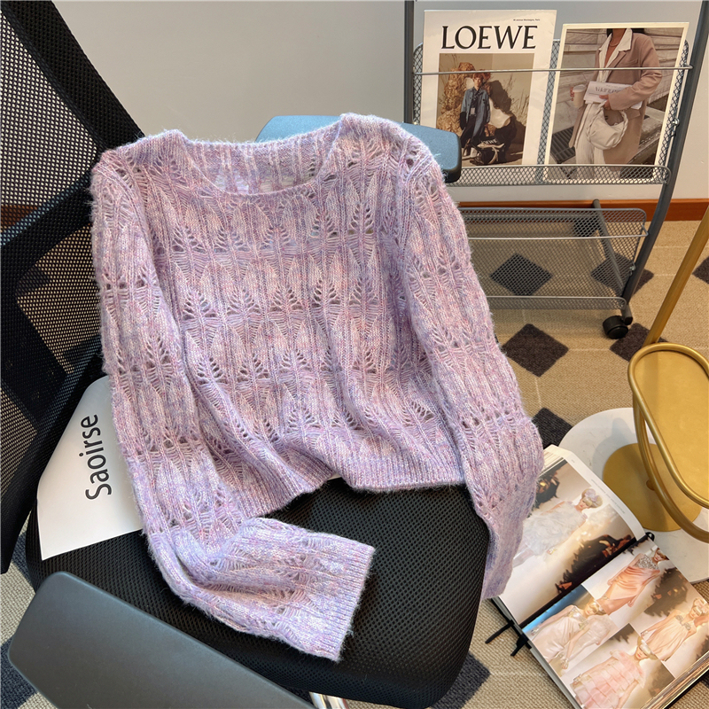 Loose knitwear autumn new women's clothing simple round neck fashionable hollow pullover long-sleeved top