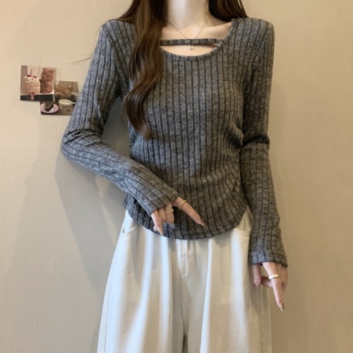 Large size autumn and winter flannel knitted inner layered shirt women's long-sleeved top with irregular hem