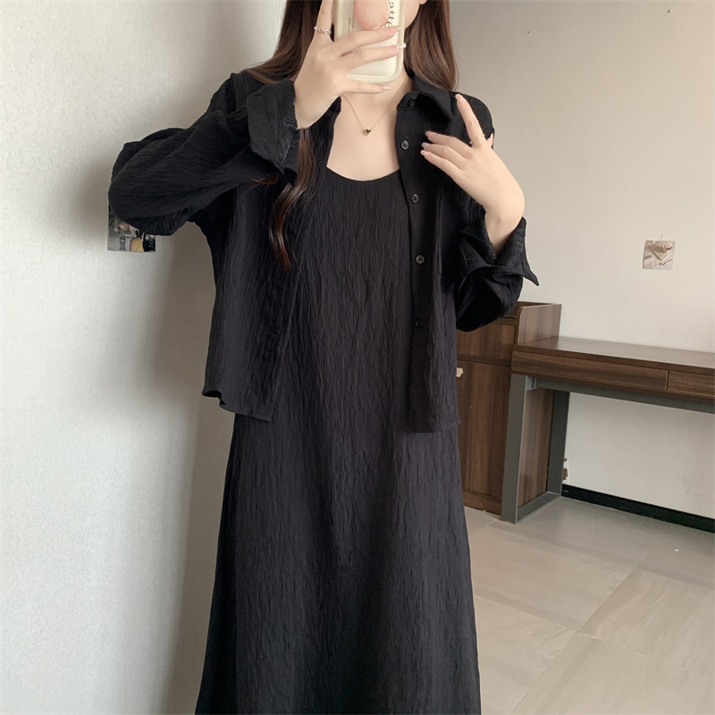 Long-sleeved shirt, jacket, loose women's top, early autumn suspender skirt suit, textured large size trendy two-piece set