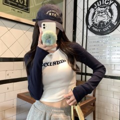 Early spring Korean style slim-fitting raglan contrast embroidery design bottoming shirt long-sleeved T-shirt top