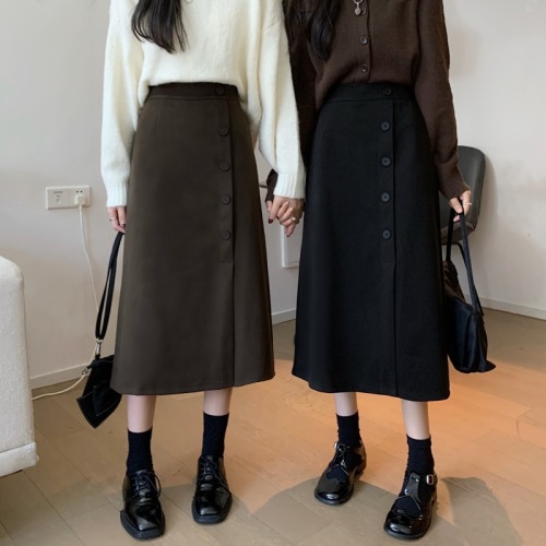 Autumn and winter Korean style high-waisted slim-breasted breasted slit A-line skirt for fat girls woolen crotch-covering butt-covering long skirt