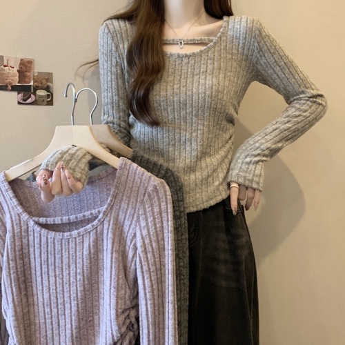 Large size autumn and winter flannel knitted inner layered shirt women's long-sleeved top with irregular hem