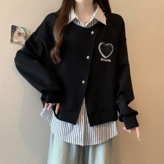 Fat girl large size spliced ​​shirt sweatshirt women's fake two-piece loose slimming top