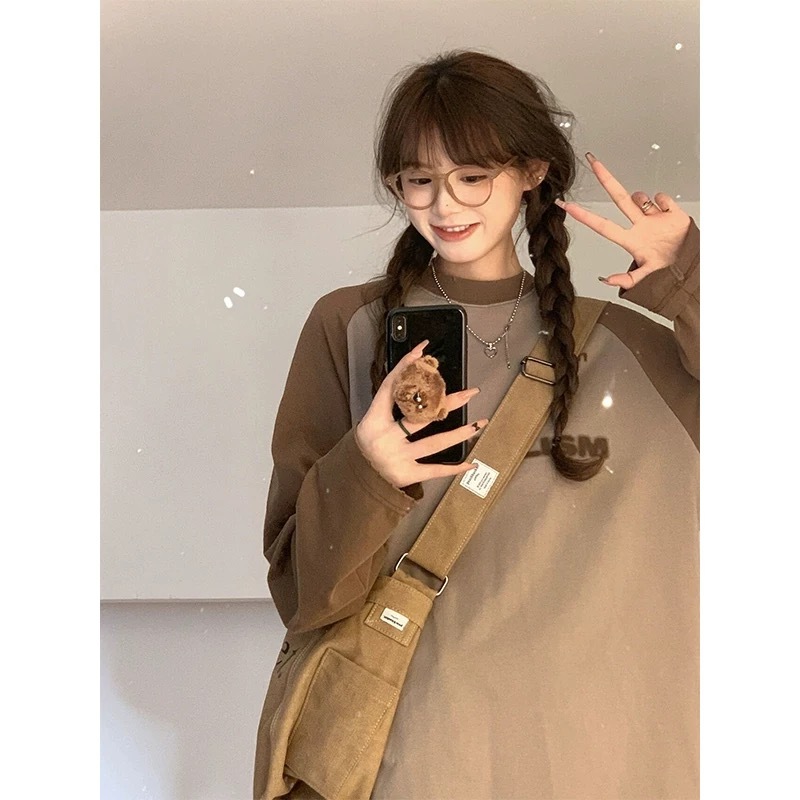 Pull-up autumn clothing contrasting color distressed hole long-sleeved T-shirt for women high street