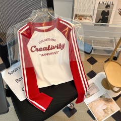 2024 American hot girl raglan long-sleeved T-shirt women's new slim fit and versatile short top