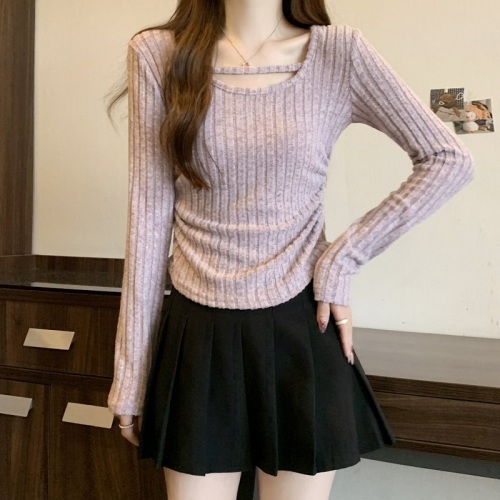 Large size autumn and winter flannel knitted inner layered shirt women's long-sleeved top with irregular hem