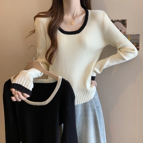 Large size French square collar black sweater long-sleeved women's 2024 slightly fat mm slim inner top