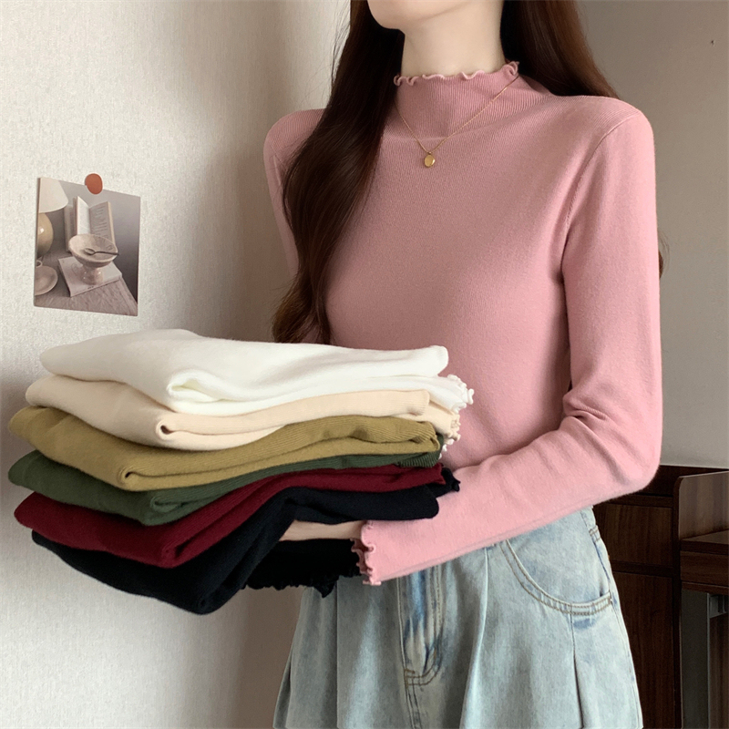 Half-turtleneck sweater for women, autumn new style, stretchy slim-fitting inner top, fungus hem bottoming shirt