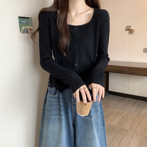 Large size belly-covering drawstring irregular long-sleeved bottoming women's spring and autumn fat mm slimming flesh-covering V-neck sweater